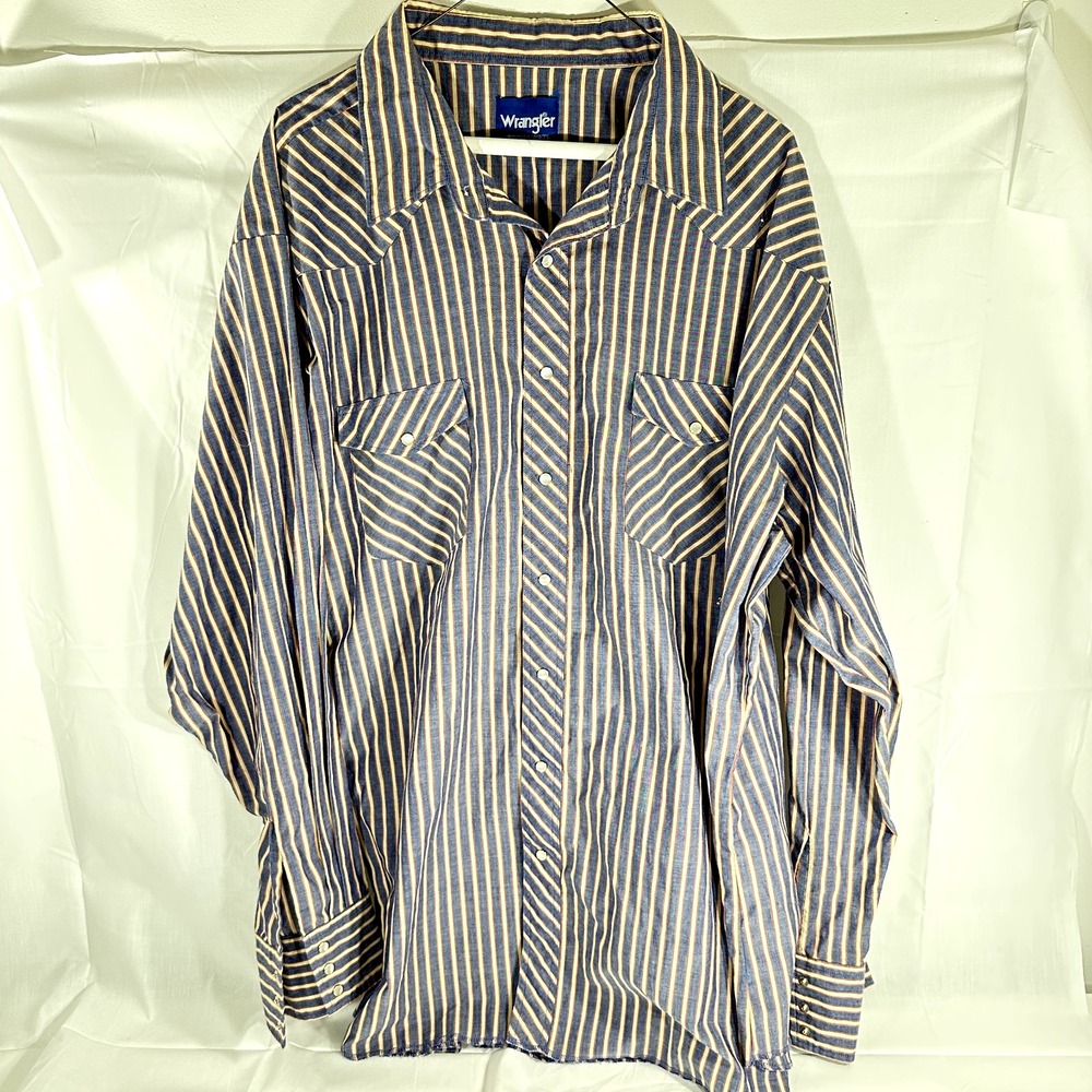 Wrangler Western Pearl Snap Button Long Sleeve Shirt Blue Yellow Striped Size XL - Picture 2 of 3